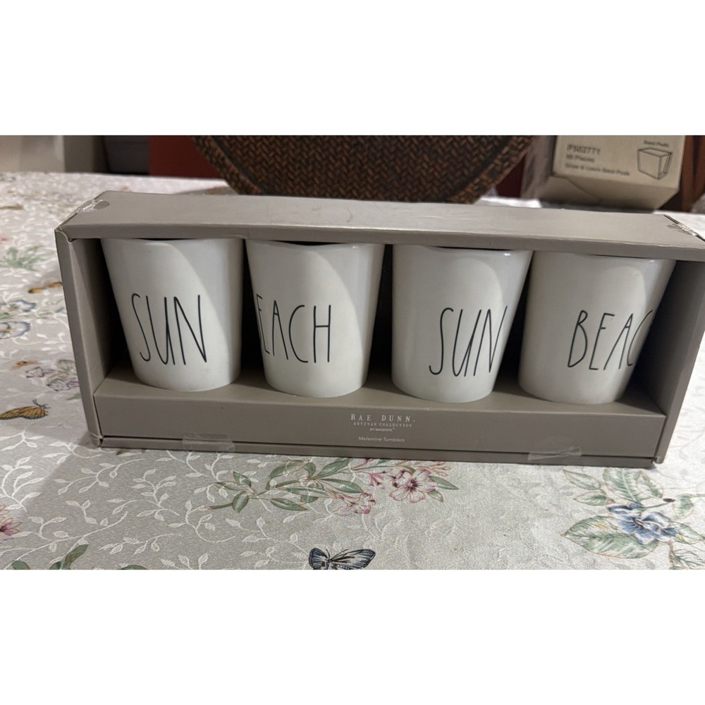 Rae‎ Dunn 4 Melamine "Beach Sun" Tumbler Set  New In Box